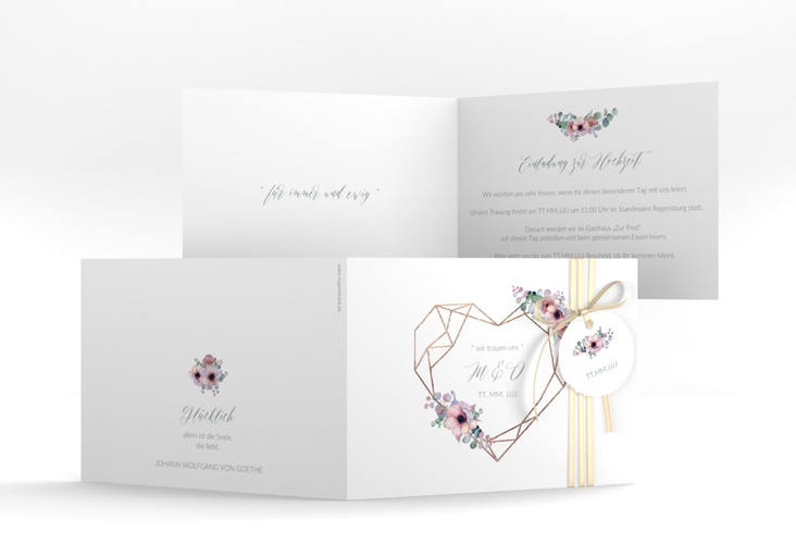 Hochzeitseinladung Herzgold A6 Klappkarte quer weiss rosegold