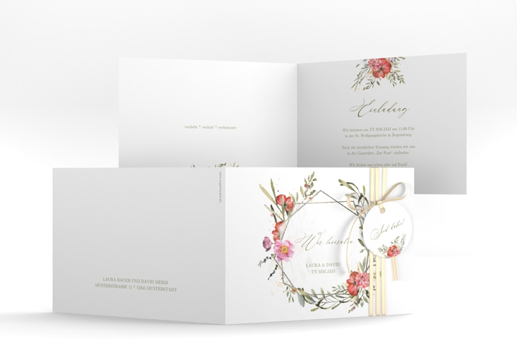 Hochzeitseinladung Sommergarten A6 Klappkarte quer weiss silber