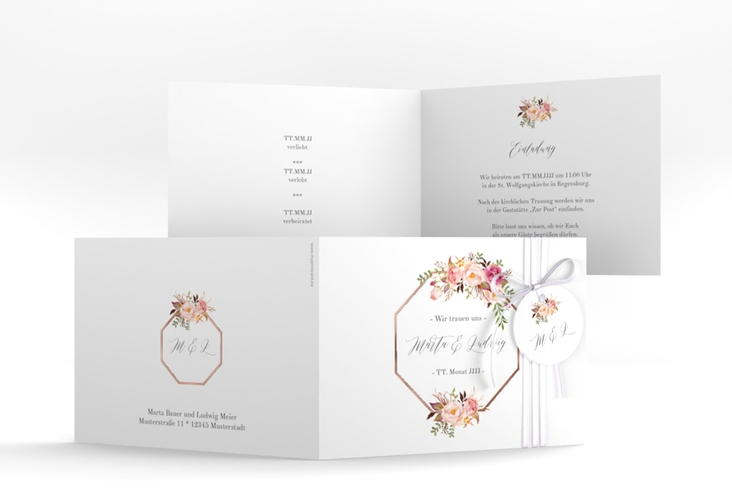 Hochzeitseinladung Prachtvoll A6 Klappkarte quer weiss rosegold