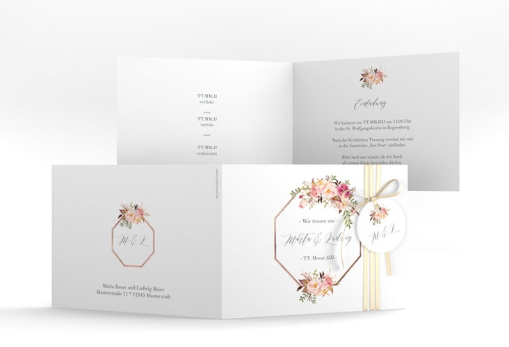 Hochzeitseinladung Prachtvoll A6 Klappkarte quer weiss rosegold