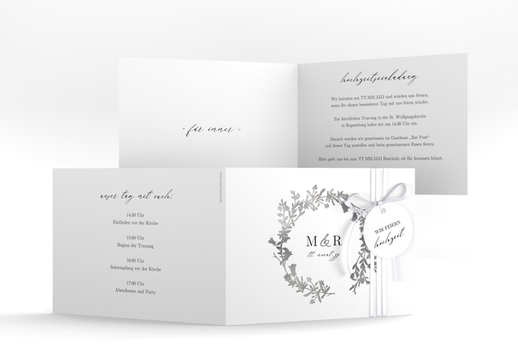 Hochzeitseinladung Filigree A6 Klappkarte quer weiss silber