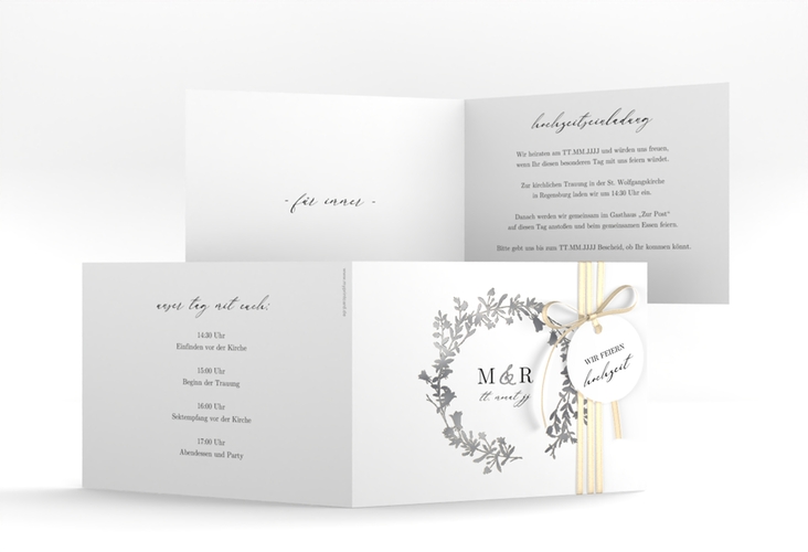 Hochzeitseinladung Filigree A6 Klappkarte quer weiss silber