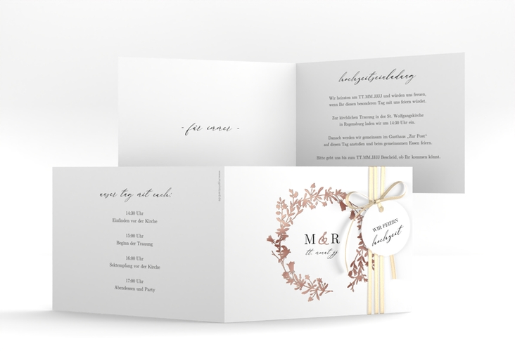 Hochzeitseinladung Filigree A6 Klappkarte quer weiss rosegold