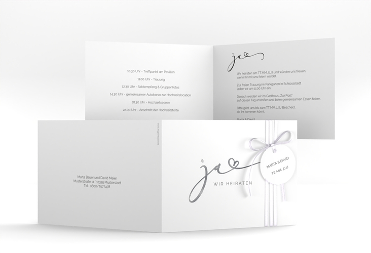 Hochzeitseinladung Jawort A6 Klappkarte quer weiss silber modern minimalistisch mit veredelter Aufschrift