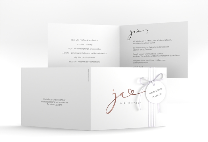 Hochzeitseinladung Jawort A6 Klappkarte quer weiss rosegold modern minimalistisch mit veredelter Aufschrift