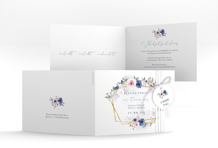 Hochzeitseinladung Dustyblue A6 Klappkarte quer weiss gold