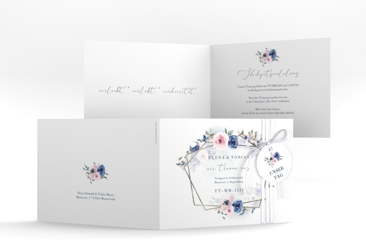 Hochzeitseinladung Dustyblue A6 Klappkarte quer weiss silber