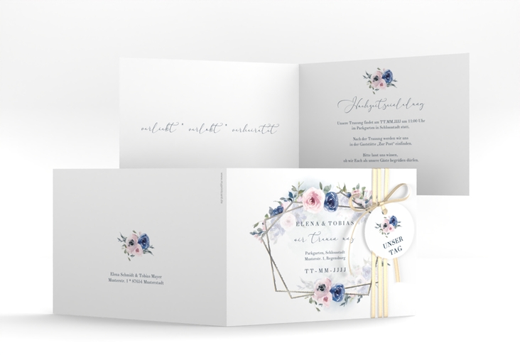 Hochzeitseinladung Dustyblue A6 Klappkarte quer weiss silber