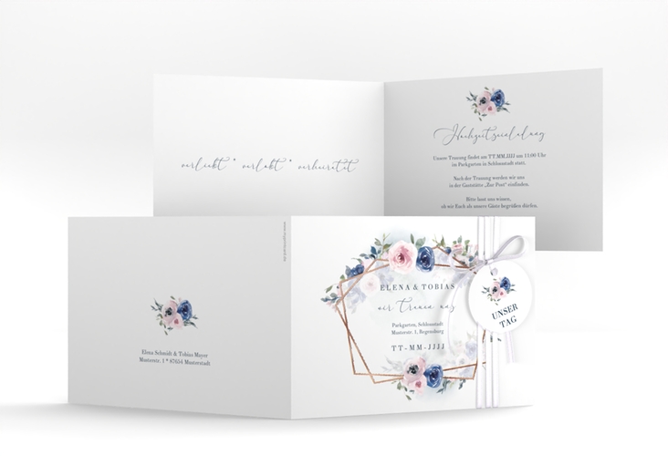 Hochzeitseinladung Dustyblue A6 Klappkarte quer weiss rosegold