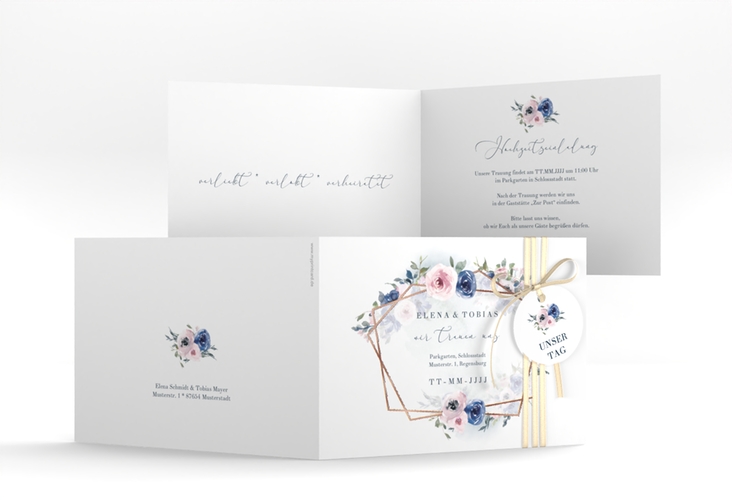 Hochzeitseinladung Dustyblue A6 Klappkarte quer weiss rosegold