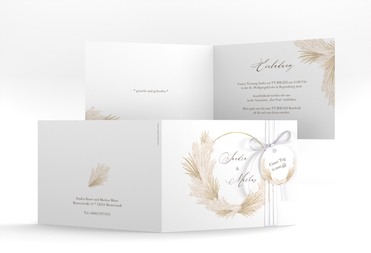 Hochzeitseinladung Pumila A6 Klappkarte quer weiss gold