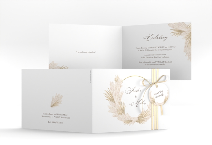 Hochzeitseinladung Pumila A6 Klappkarte quer weiss gold
