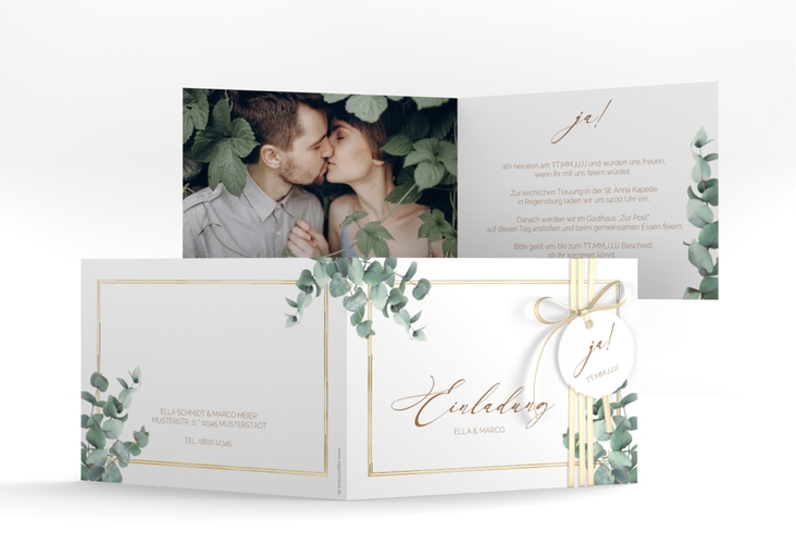 Hochzeitseinladung Eucalypt A6 Klappkarte quer weiss gold mit Eukalyptus und edlem Rahmen