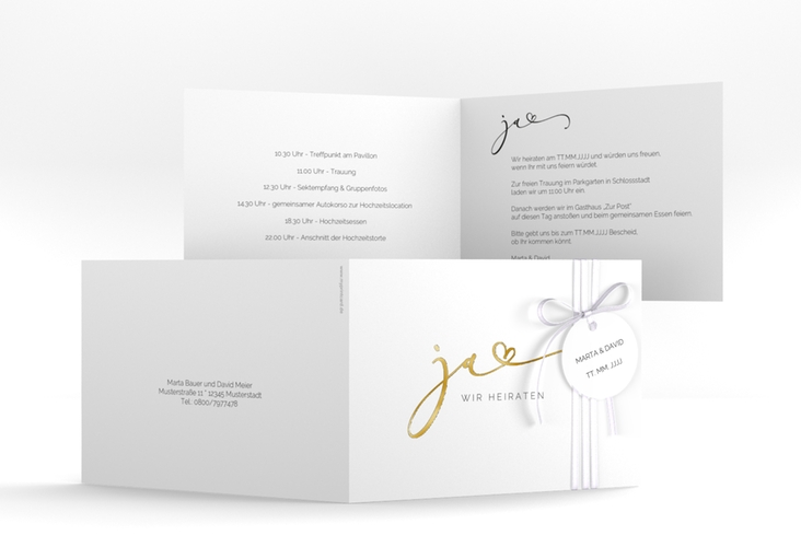 Hochzeitseinladung Jawort A6 Klappkarte quer weiss gold modern minimalistisch mit veredelter Aufschrift