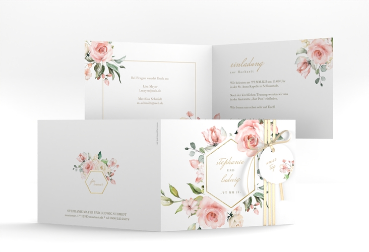Einladung Hochzeit Graceful A6 Klappkarte quer weiss gold mit Rosenblüten in Rosa und Weiß