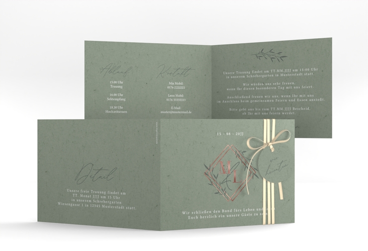 Hochzeitseinladung Greenletter A6 Klappkarte quer gruen rosegold mit Initialen in elegantem Goldrahmen mit Blättern