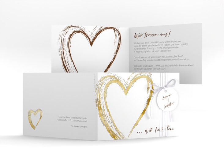 Hochzeitseinladung Liebe A6 Klappkarte quer braun gold