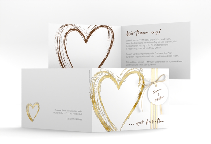 Hochzeitseinladung Liebe A6 Klappkarte quer braun gold