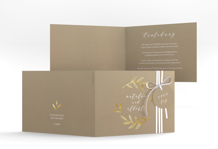 Hochzeitseinladung Naturelove A6 Klappkarte quer weiss gold in Kraftpapier-Optik mit Blatt-Illustration