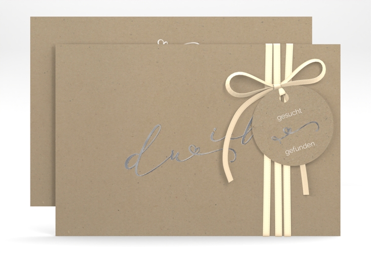 Save the Date-Karte Zweisamkeit A6 Karte quer Kraftpapier silber im minimalistischen Stil mit Aufschrift du & ich