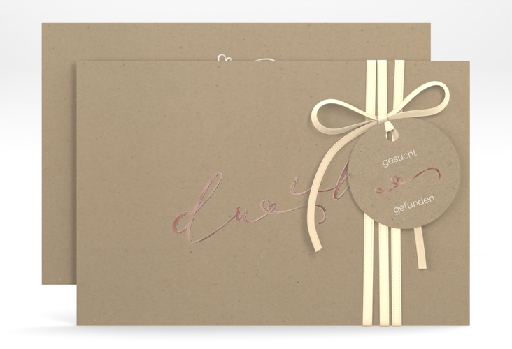 Save the Date-Karte Zweisamkeit A6 Karte quer Kraftpapier rosegold im minimalistischen Stil mit Aufschrift du & ich