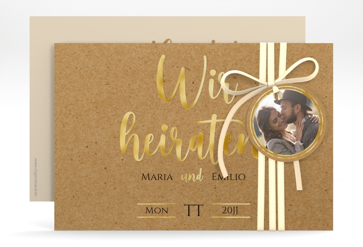 Save the Date-Karte Noble A6 Karte quer Kraftpapier gold mit elegantem Schriftzug