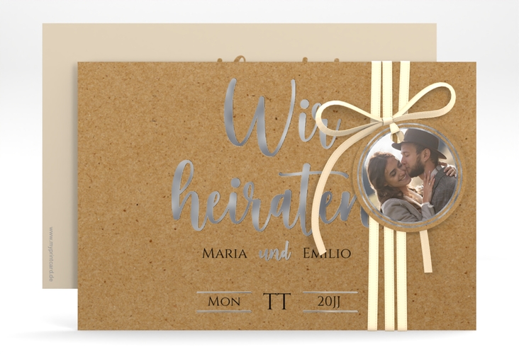 Save the Date-Karte Noble A6 Karte quer Kraftpapier silber mit elegantem Schriftzug