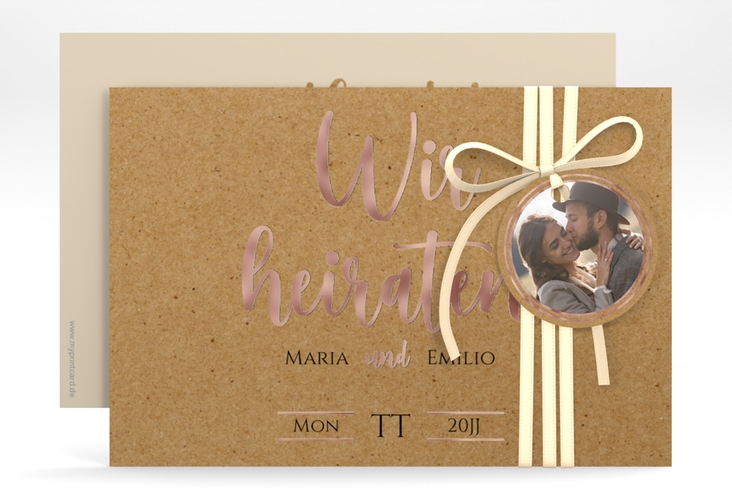 Save the Date-Karte Noble A6 Karte quer Kraftpapier rosegold mit elegantem Schriftzug