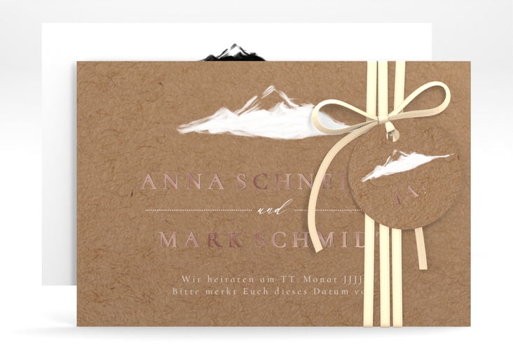 Save the Date-Karte Berghochzeit A6 Karte quer Kraftpapier rosegold mit Berg-Motiv