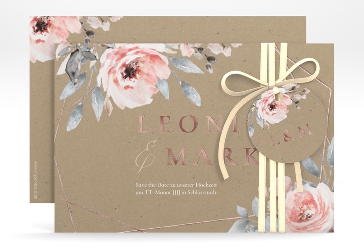 Save the Date-Karte Perfection A6 Karte quer Kraftpapier rosegold mit rosa Rosen