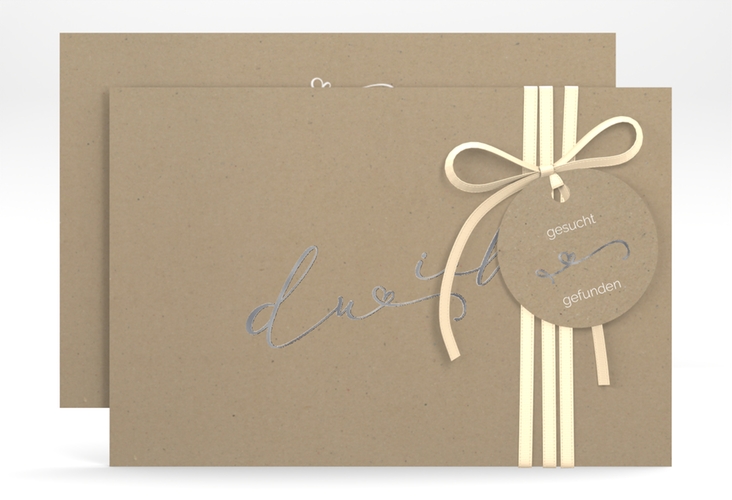 Save the Date-Karte Zweisamkeit A6 Karte quer Kraftpapier silber im minimalistischen Stil mit Aufschrift du & ich