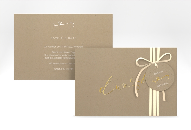 Save the Date-Karte Zweisamkeit A6 Karte quer Kraftpapier gold im minimalistischen Stil mit Aufschrift du & ich