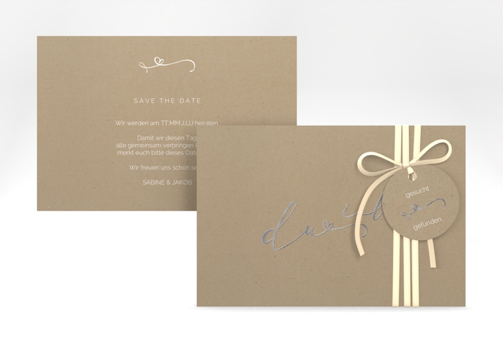 Save the Date-Karte Zweisamkeit A6 Karte quer Kraftpapier silber im minimalistischen Stil mit Aufschrift du & ich