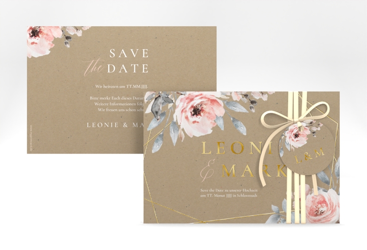 Save the Date-Karte Perfection A6 Karte quer Kraftpapier gold mit rosa Rosen