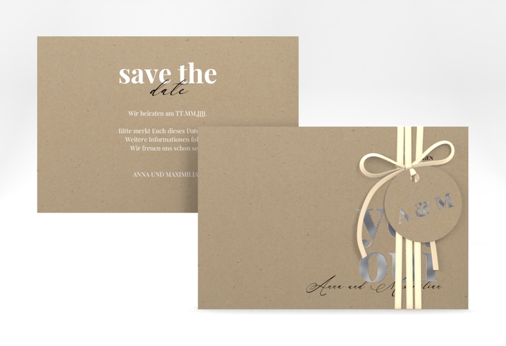 Save the Date-Karte Oui A6 Karte quer Kraftpapier silber mit Ja-Wort in verschiedenen Sprachen