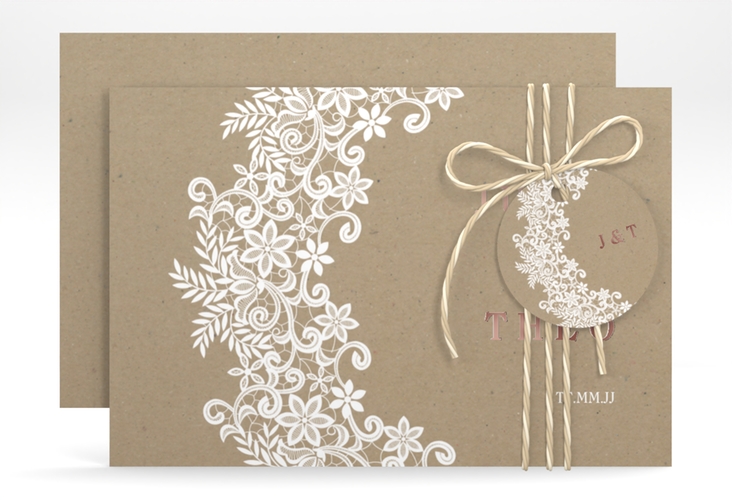 Save the Date-Karte Mariage A6 Karte quer Kraftpapier rosegold mit Bogen aus weißer Spitze