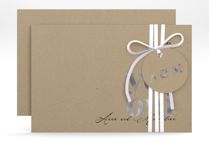 Save the Date-Karte Oui A6 Karte quer Kraftpapier silber mit Ja-Wort in verschiedenen Sprachen