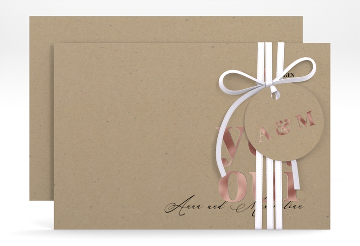 Save the Date-Karte Oui A6 Karte quer Kraftpapier rosegold mit Ja-Wort in verschiedenen Sprachen