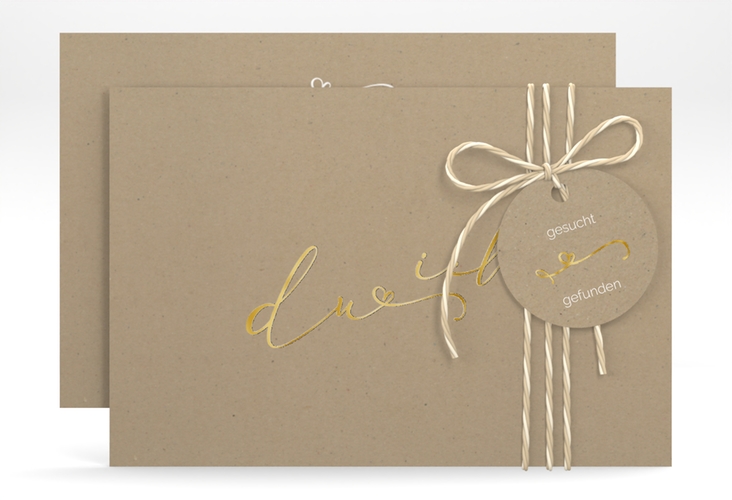 Save the Date-Karte Zweisamkeit A6 Karte quer Kraftpapier gold im minimalistischen Stil mit Aufschrift du & ich