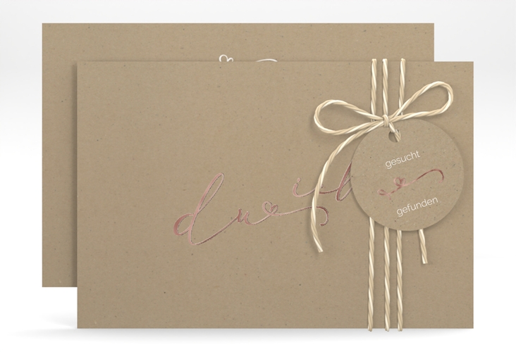 Save the Date-Karte Zweisamkeit A6 Karte quer Kraftpapier rosegold im minimalistischen Stil mit Aufschrift du & ich