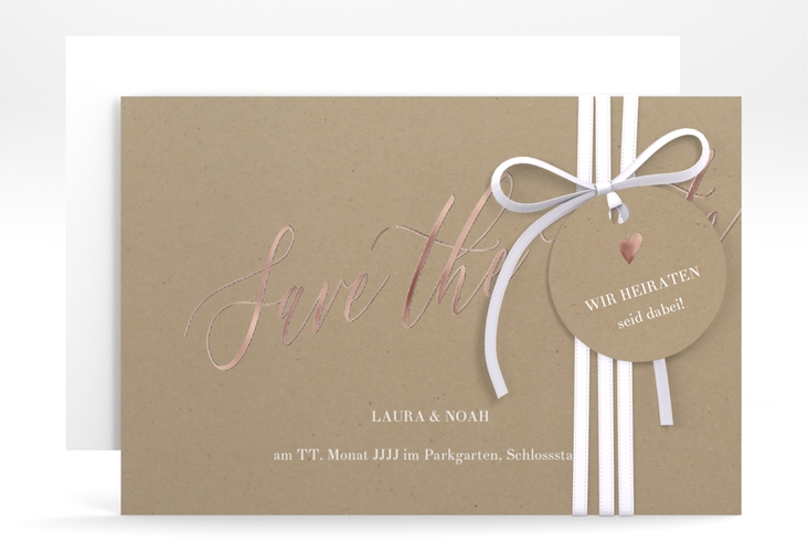Save the Date-Karte Kalligrafie A6 Karte quer Kraftpapier rosegold