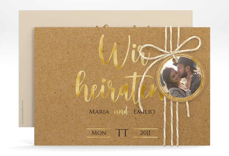 Save the Date-Karte Noble A6 Karte quer Kraftpapier gold mit elegantem Schriftzug