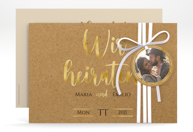 Save the Date-Karte Noble A6 Karte quer Kraftpapier gold mit elegantem Schriftzug