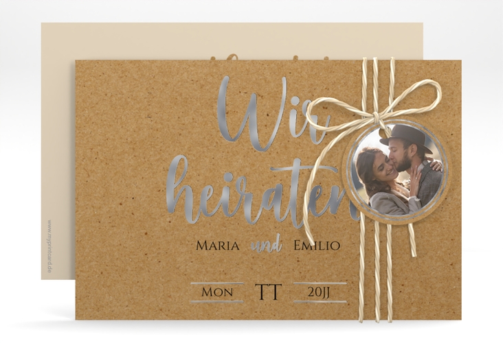 Save the Date-Karte Noble A6 Karte quer Kraftpapier silber mit elegantem Schriftzug