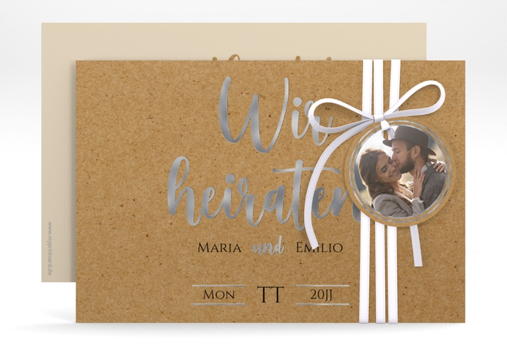 Save the Date-Karte Noble A6 Karte quer Kraftpapier silber mit elegantem Schriftzug