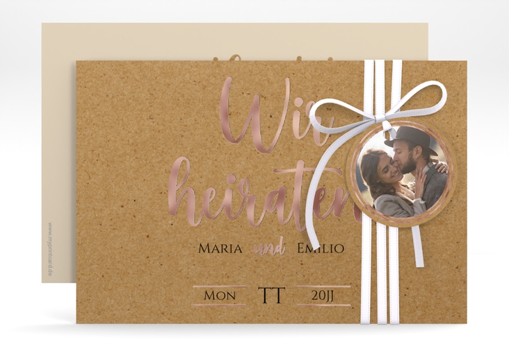 Save the Date-Karte Noble A6 Karte quer Kraftpapier rosegold mit elegantem Schriftzug
