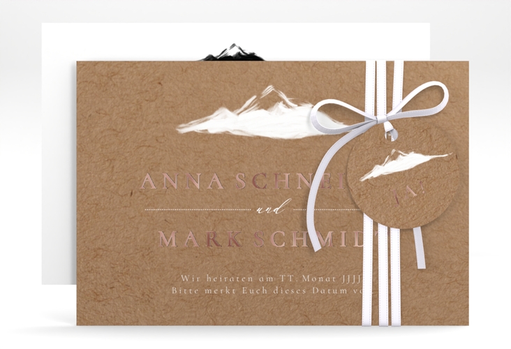 Save the Date-Karte Berghochzeit A6 Karte quer Kraftpapier rosegold mit Berg-Motiv