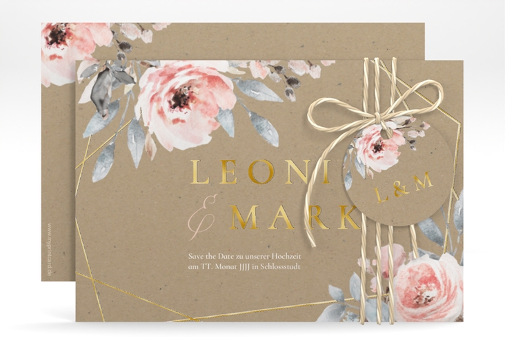 Save the Date-Karte Perfection A6 Karte quer Kraftpapier gold mit rosa Rosen