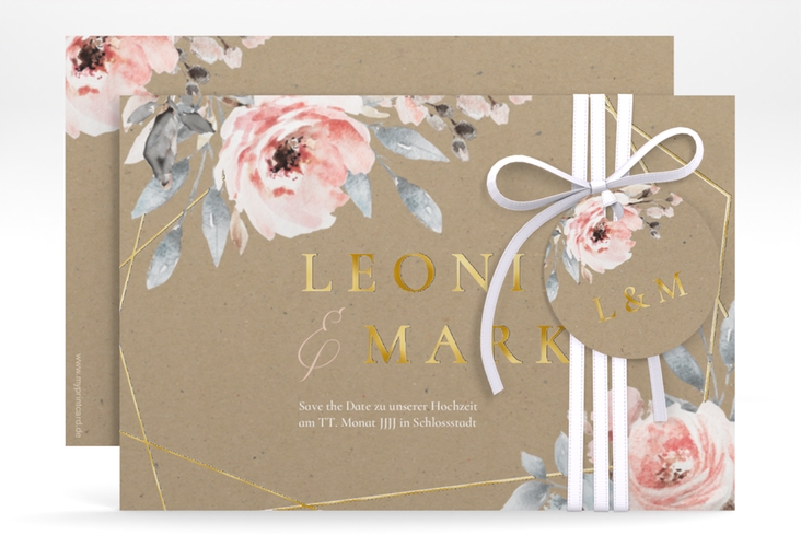Save the Date-Karte Perfection A6 Karte quer Kraftpapier gold mit rosa Rosen
