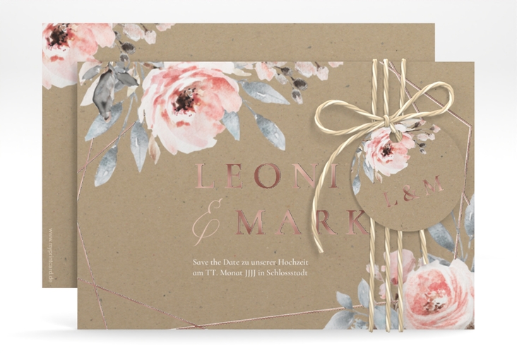 Save the Date-Karte Perfection A6 Karte quer Kraftpapier rosegold mit rosa Rosen